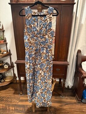 Madewell Cream Maxi Dress with Blue Floral and Brown Leaf Print